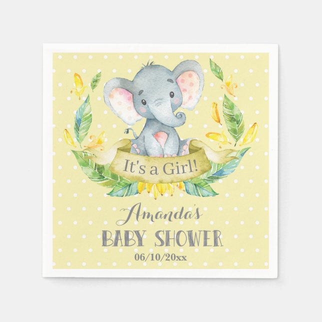 Girl Elephant Baby Shower Yellow and Gray Napkins (Front)