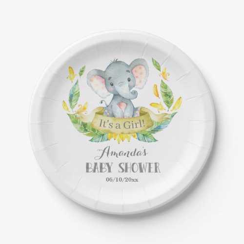 Girl Elephant Baby Shower Yellow and Gray Paper Plates