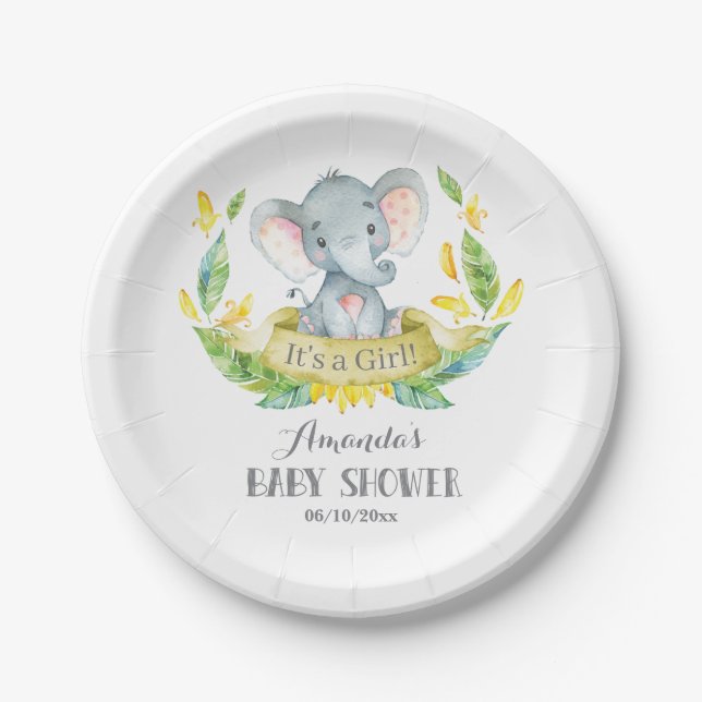 Girl Elephant Baby Shower Yellow and Gray Paper Plates (Front)