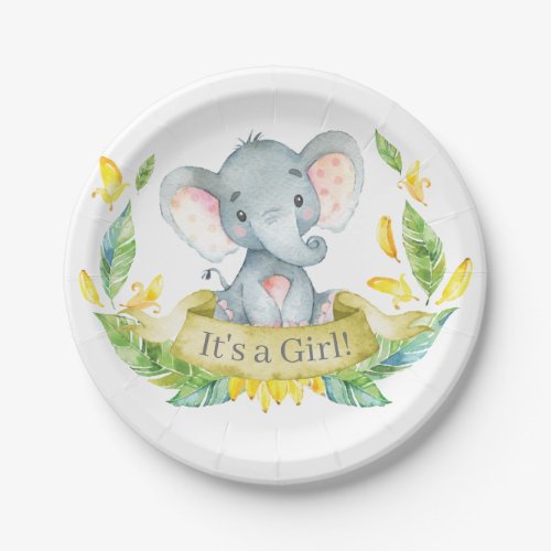 Girl Elephant Baby Shower Yellow Paper Plate