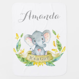 Girl Elephant Baby Yellow and Gray Baby Blanket