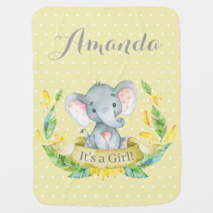 Girl Elephant Baby Yellow and Gray Baby Blanket