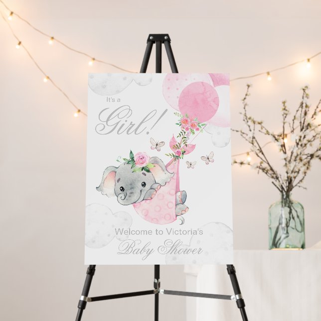 Girl Elephant Balloon Baby Shower Welcome Sign (In Situ (Stand))