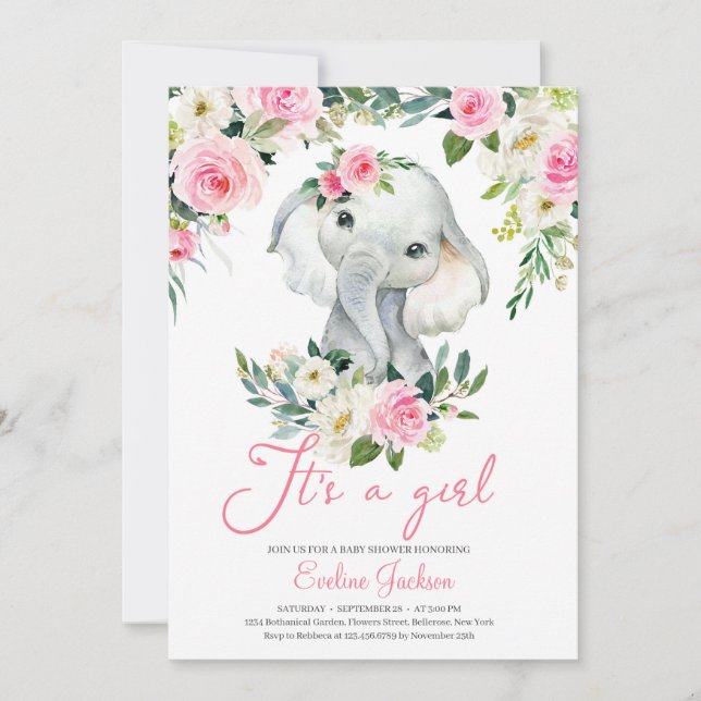 Girl Elephant blush pink flowers greenery foliage Invitation (Front)