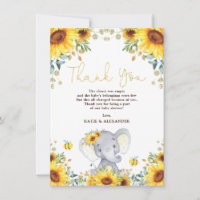 Girl Elephant Boho Sunflower Greenery Baby Shower Thank You Card