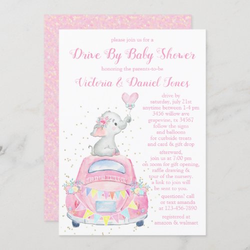 Girl Elephant Car Drive By Baby Shower Invitation