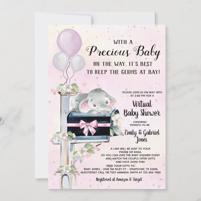 Girl Elephant Covid Baby Shower By Mail Invitation (Front)