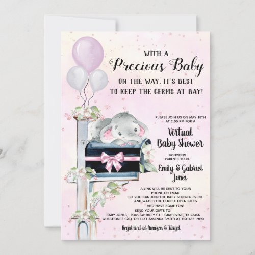 Girl Elephant Covid Baby Shower By Mail Invitation