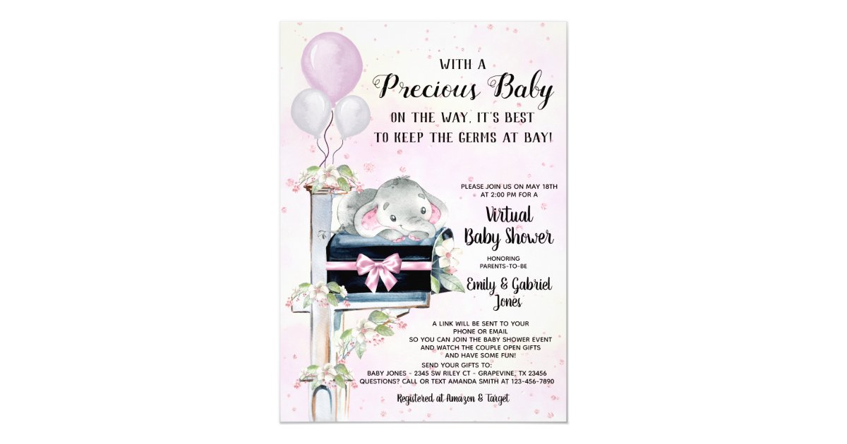 Girl Elephant Covid Baby Shower By Mail Invitation | Zazzle.com