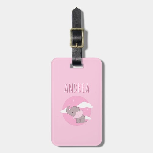  Girl Elephant Cute Pink Dreamy Clouds Kids Name Luggage Tag