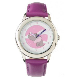 Girl Elephant Cute Pink Dreamy Clouds Kids Name Watch