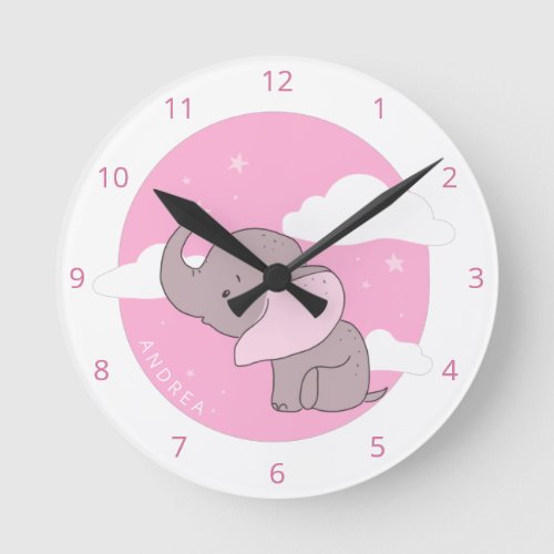 Girl Elephant Cute Pink Dreamy Clouds Kids Nursery Round Clock