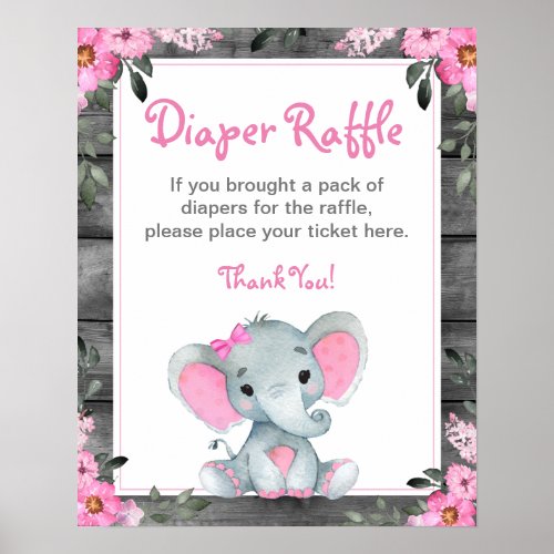 Girl Elephant Diaper Raffle Baby Shower Game Sign 