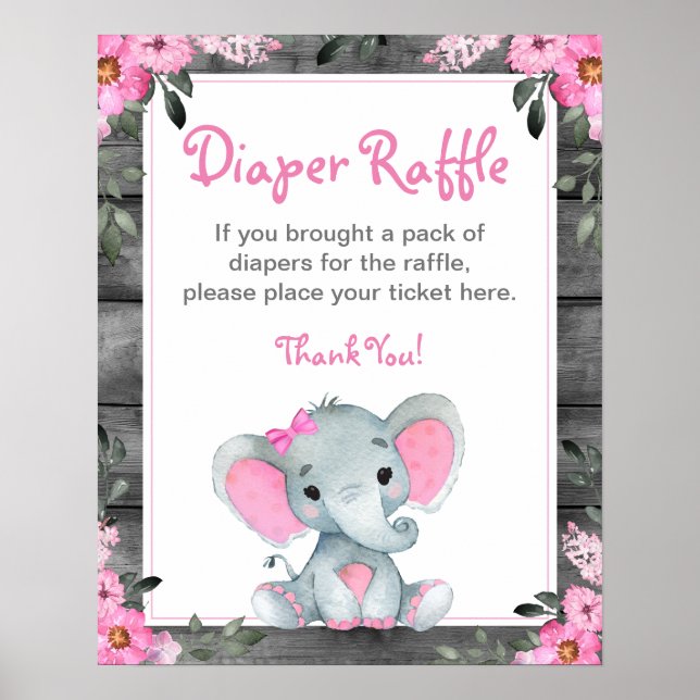Girl Elephant Diaper Raffle Baby Shower Game Sign  (Front)