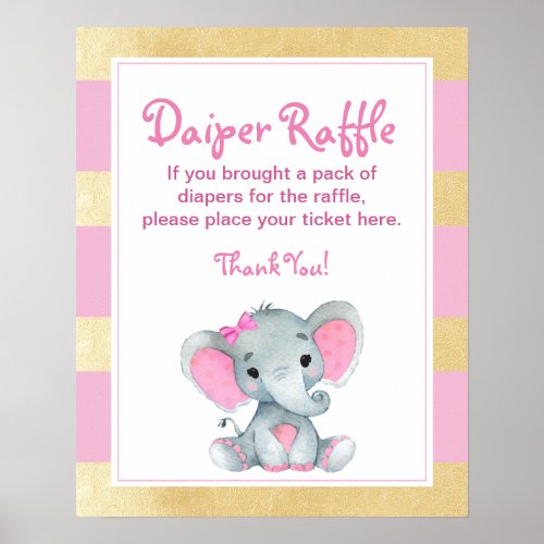 Girl Elephant Diaper Raffle Gold Shower Game Sign 