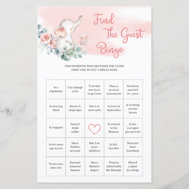 Girl Elephant Eucalyptus Find The Guest Bingo game (Front)