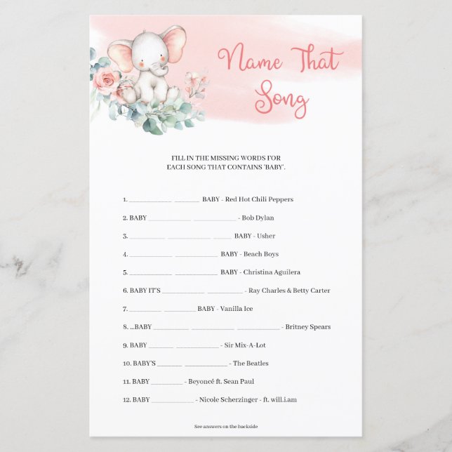 Girl Elephant Eucalyptus Name That Song Game (Front)