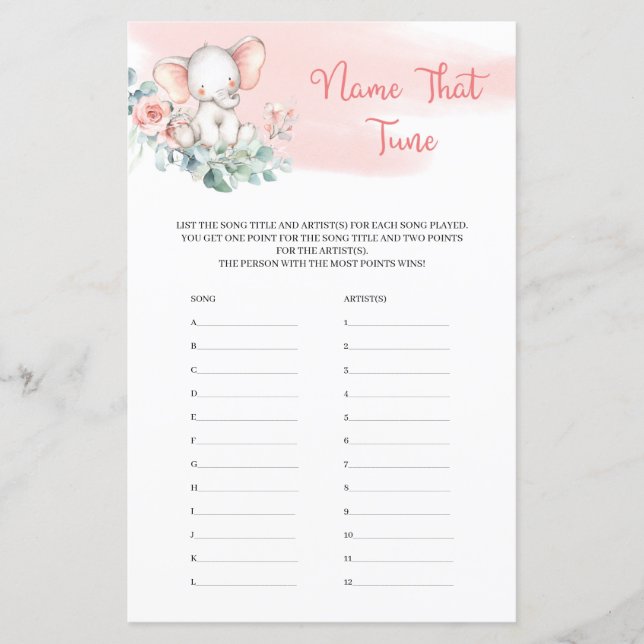 Girl Elephant Eucalyptus Name That Tune Game (Front)