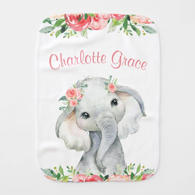 Girl Elephant Floral Baby Burp Cloth (Front)
