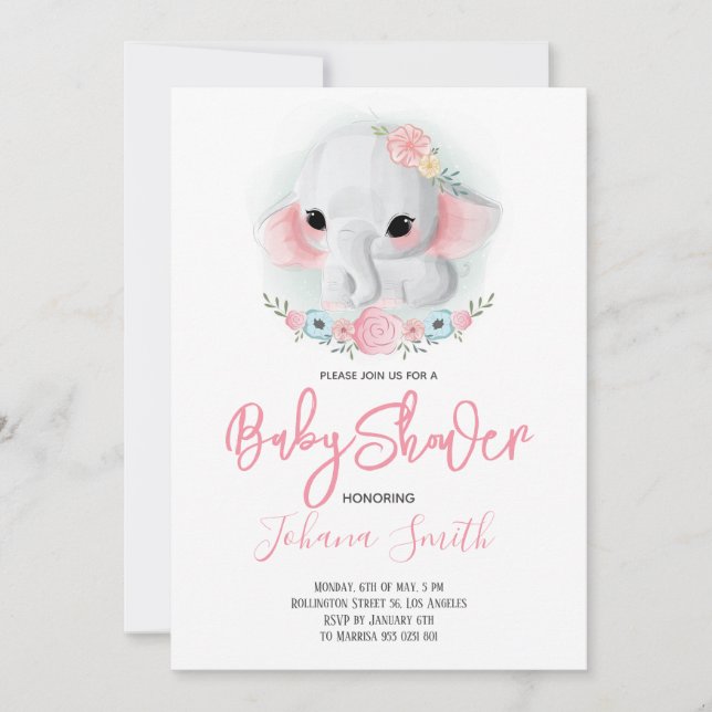 Girl Elephant Floral Baby Shower Invitation (Front)