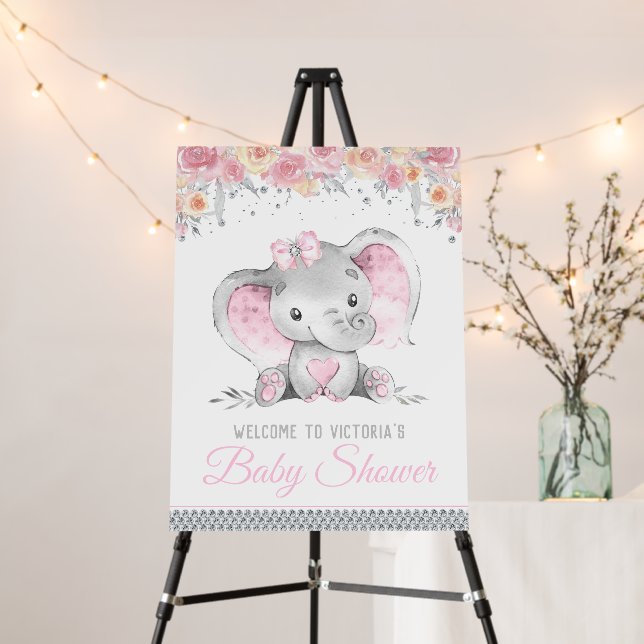 Girl Elephant Floral Diamond Baby Shower Sign (In Situ (Stand))