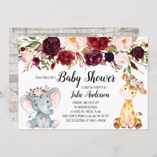 Girl Elephant  Giraffe Baby Shower Invitation