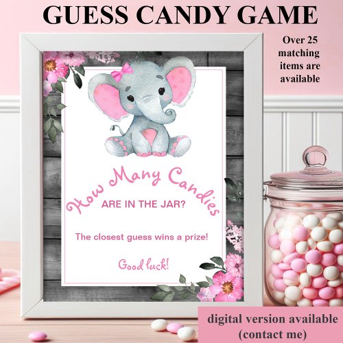 Girl Elephant How Many Candies in Jar Shower Game Poster
