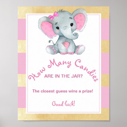 Girl Elephant How Many Candies in Jar Shower Game Poster