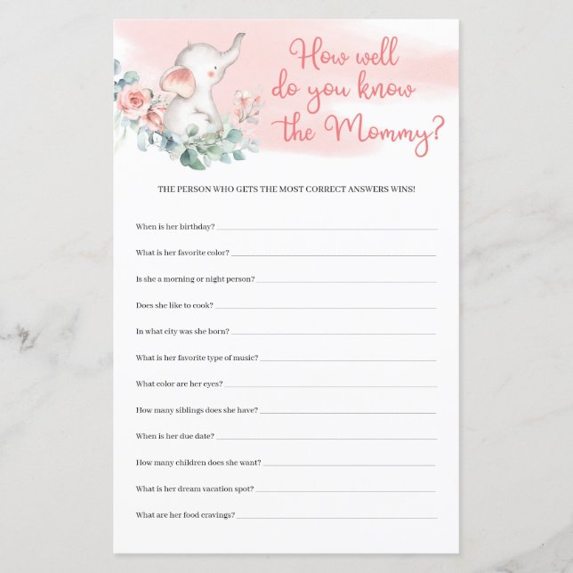 Girl Elephant How Well Do You Know The Mommy game (Front)