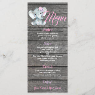 Girl Elephant Menu card for Baby Shower birthday