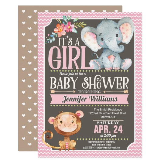 Girl Elephant Monkey Baby Shower Invitation Zazzle Com