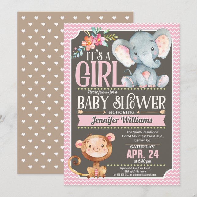 Girl Elephant & Monkey Baby Shower Invitation (Front/Back)