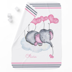 Girl Elephant on Cloud with Pink Hearts Baby Blanket