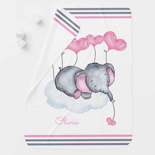 Girl Elephant on Cloud with Pink Hearts Baby Blanket (In Situ)