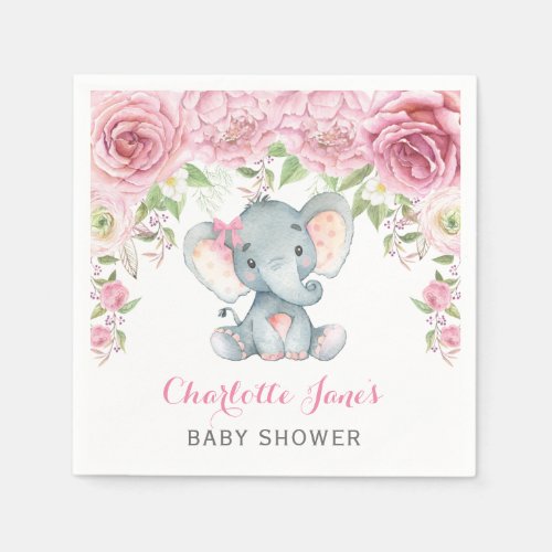 Girl Elephant Paper Napkin Pink Floral Baby Shower