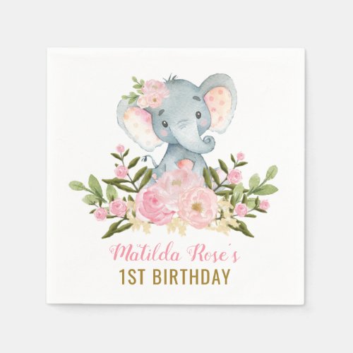 Girl Elephant Paper Napkin Pink Floral Birthday