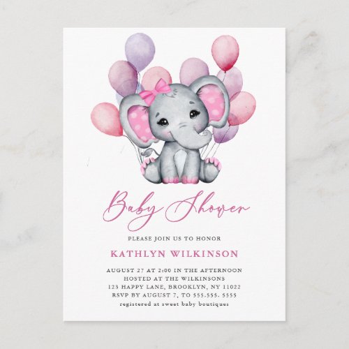Girl Elephant Pink Balloon Script Cute Baby Shower Invitation Postcard