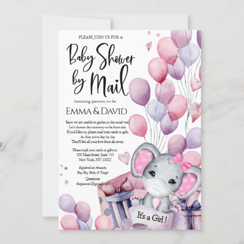 Girl Elephant Pink Balloons Baby Shower by Mail Invitation