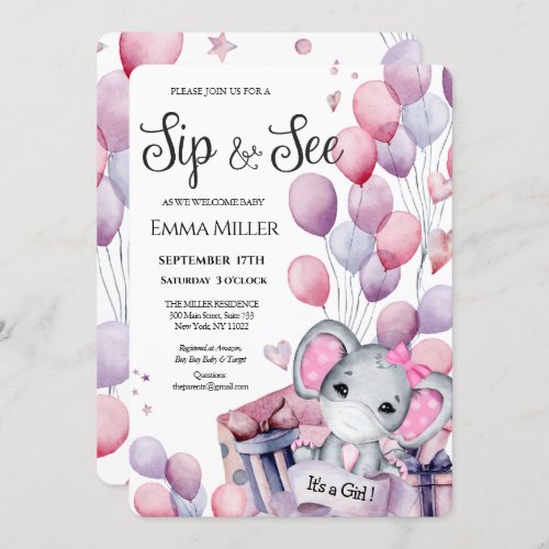 Girl Elephant Pink Balloons Baby Sip and See Invitation