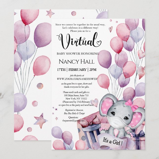 Girl Elephant Pink Balloons Virtual Baby Shower Invitation (Front/Back)