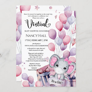 Girl Elephant Pink Balloons Virtual Baby Shower Invitation