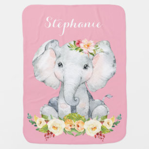 Girl Elephant Pink Custom Name Baby Blanket
