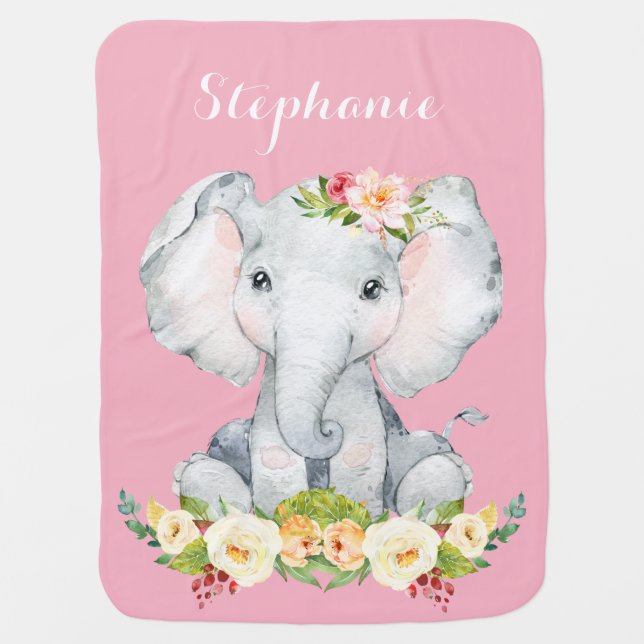 Girl Elephant Pink Custom Name Baby Blanket (Front)