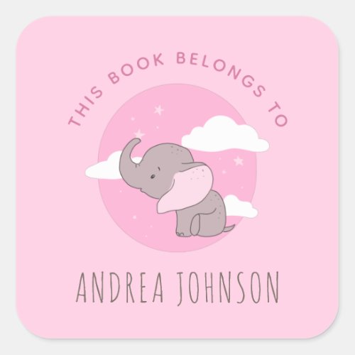  Girl Elephant Pink Dreamy Clouds Kids Bookplate