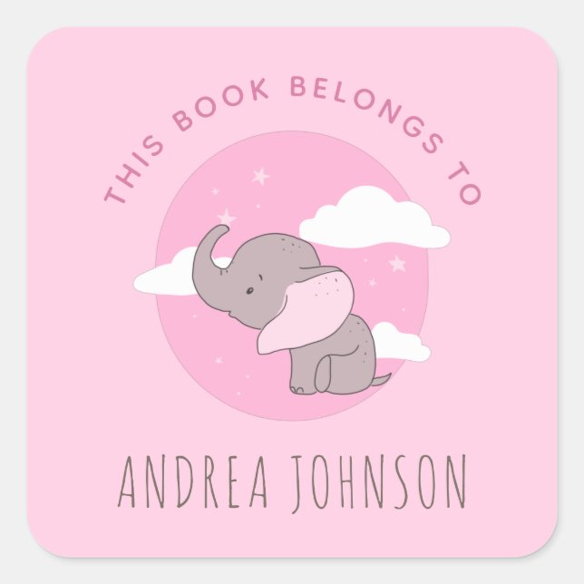  Girl Elephant Pink Dreamy Clouds Kids Bookplate (Front)