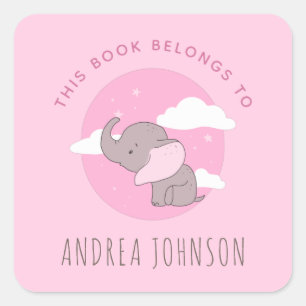 Girl Elephant Pink Dreamy Clouds Kids Bookplate