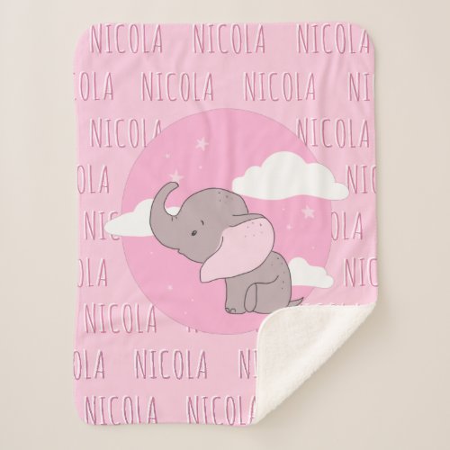 Girl Elephant Pink Dreamy Clouds Kids Name Pattern Sherpa Blanket