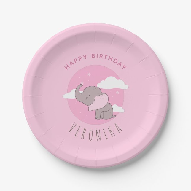  Girl Elephant Pink Dreamy Kids Birthday Party Paper Plates (Front)