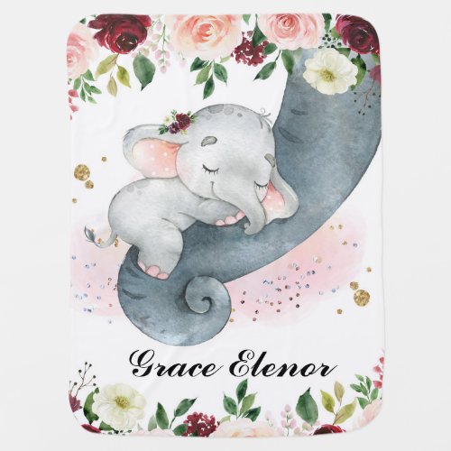 Girl Elephant Pink Floral Baby Name Baby Blanket