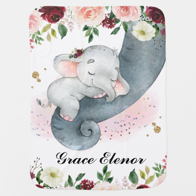 Girl Elephant Pink Floral Baby Name Baby Blanket (Front)